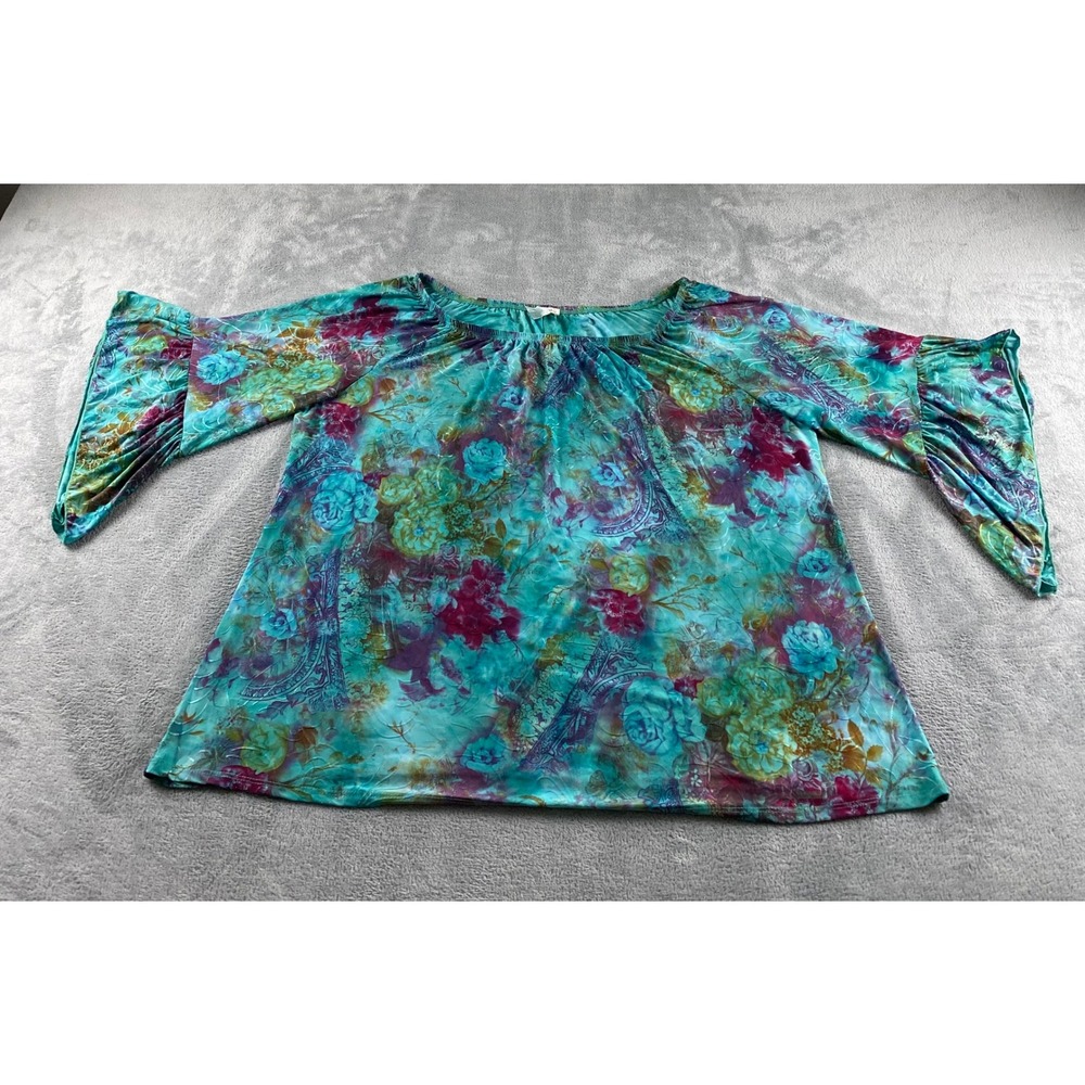 Brittany Black Womens 3X Teal Floral Bell Sleeve Boho Blouse Made in USA 61491